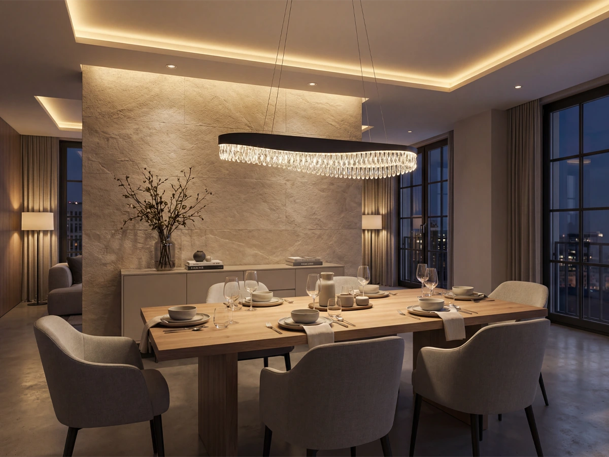 Lampy z kryształowymi detalami i kontrastowym wykończeniem, które nadają przestrzeni wyrazisty efekt wizualny.