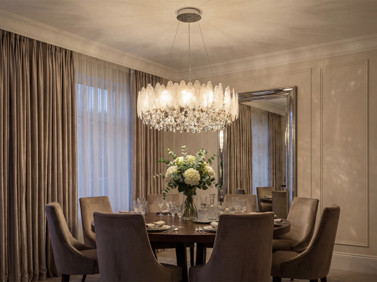 Oświetlenie o bogatych detalach i kryształowych elementach, które podkreśla elegancję i atmosferę wnętrza.